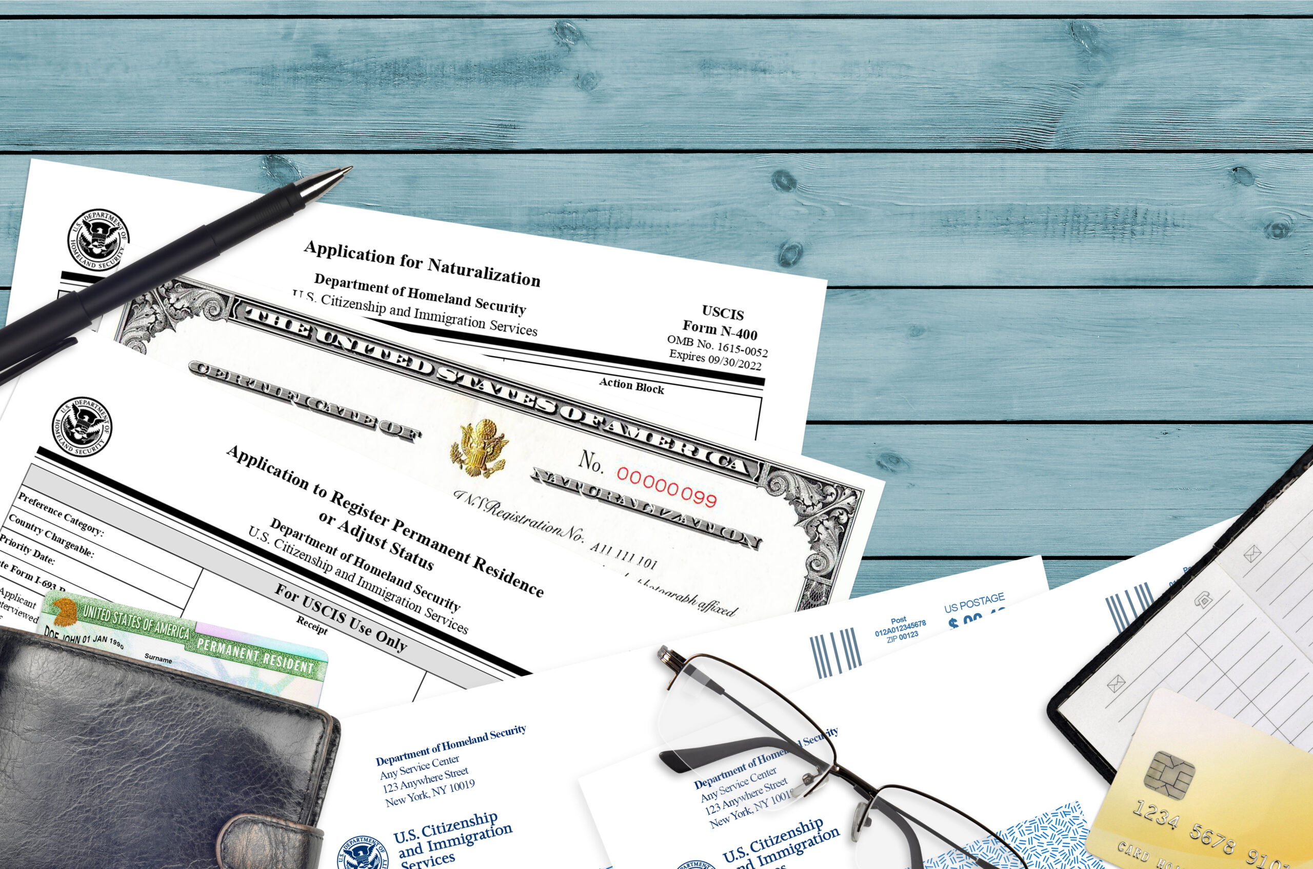 USCIS form I-485 Application to register permanent residence or adjust status and N-400 Application for naturalization with Certificate of naturalization